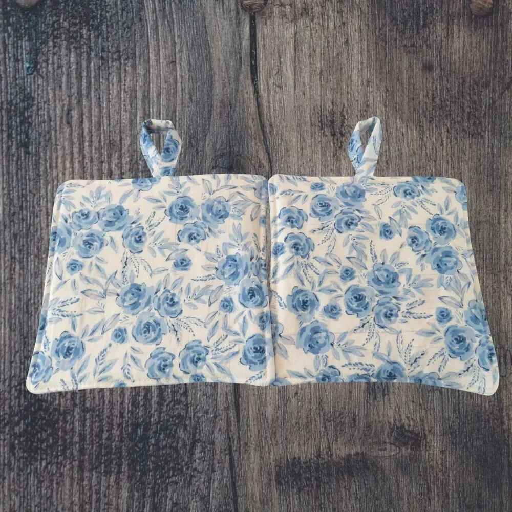 Handmade Potholder, Set of 2, Reversible Chickens and Blue Rose Hot Pads